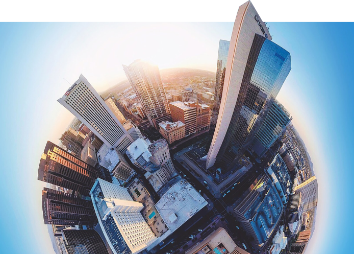 Fish eye view of city to show 3D Digital Twin solutions for Enterprise Asset Management