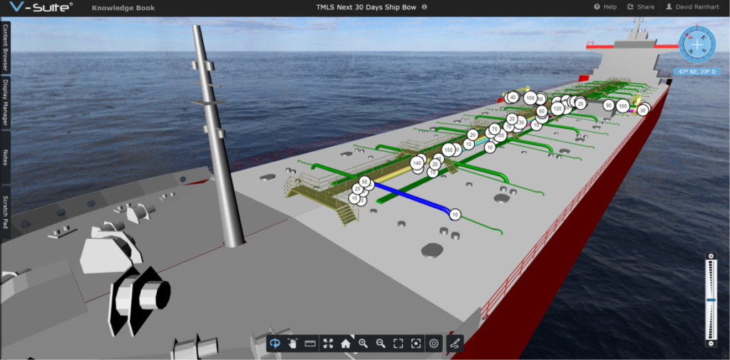 A 3D Digital Twin EAM example of a tanker ship at sea showing all IOT devices