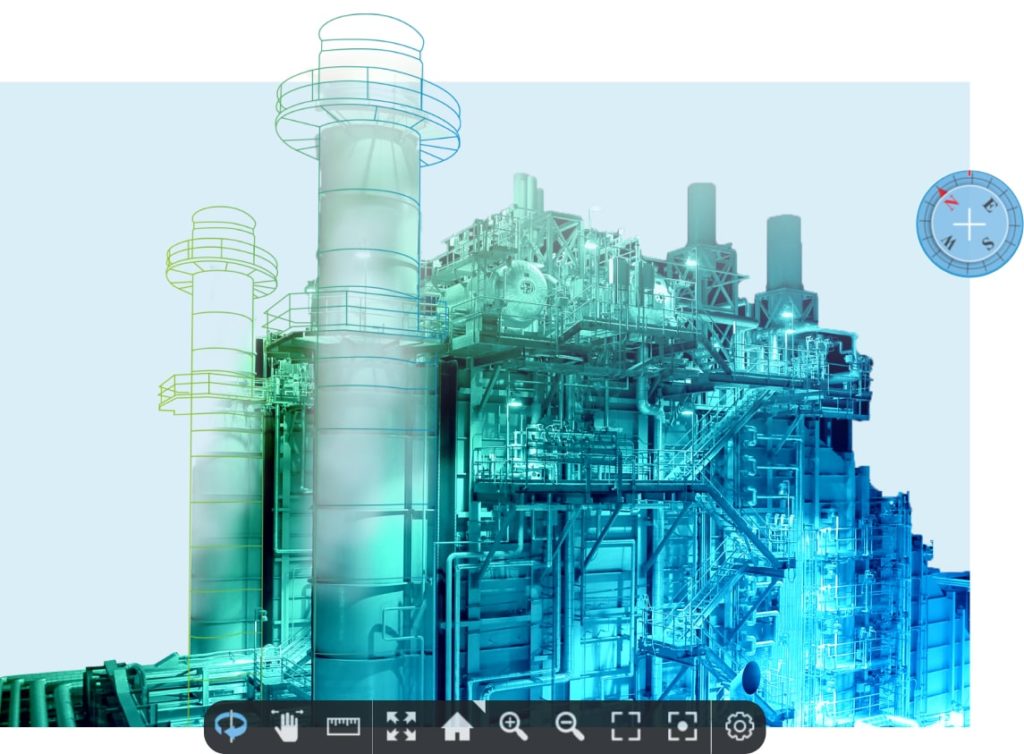 Digital Twin screenshot showing a Oil and Gas refinery and the Visionaize toolbar